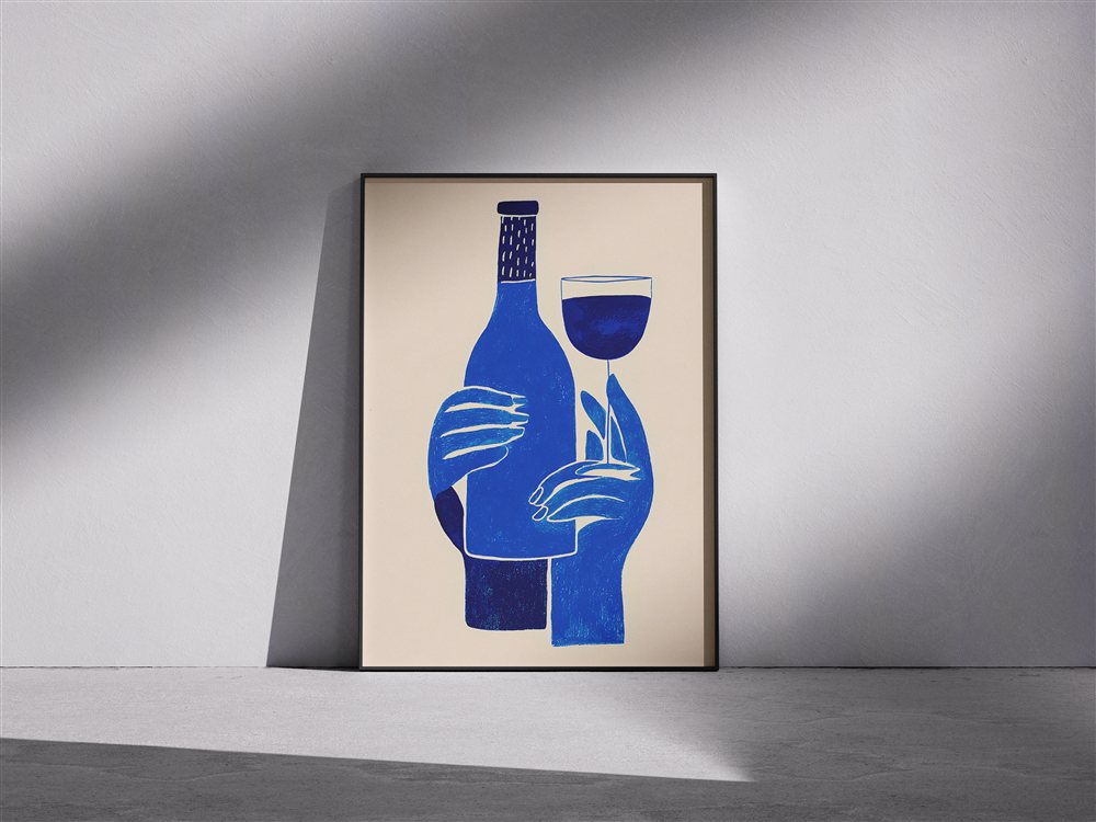 Blue wine poster leaning against a plain wall