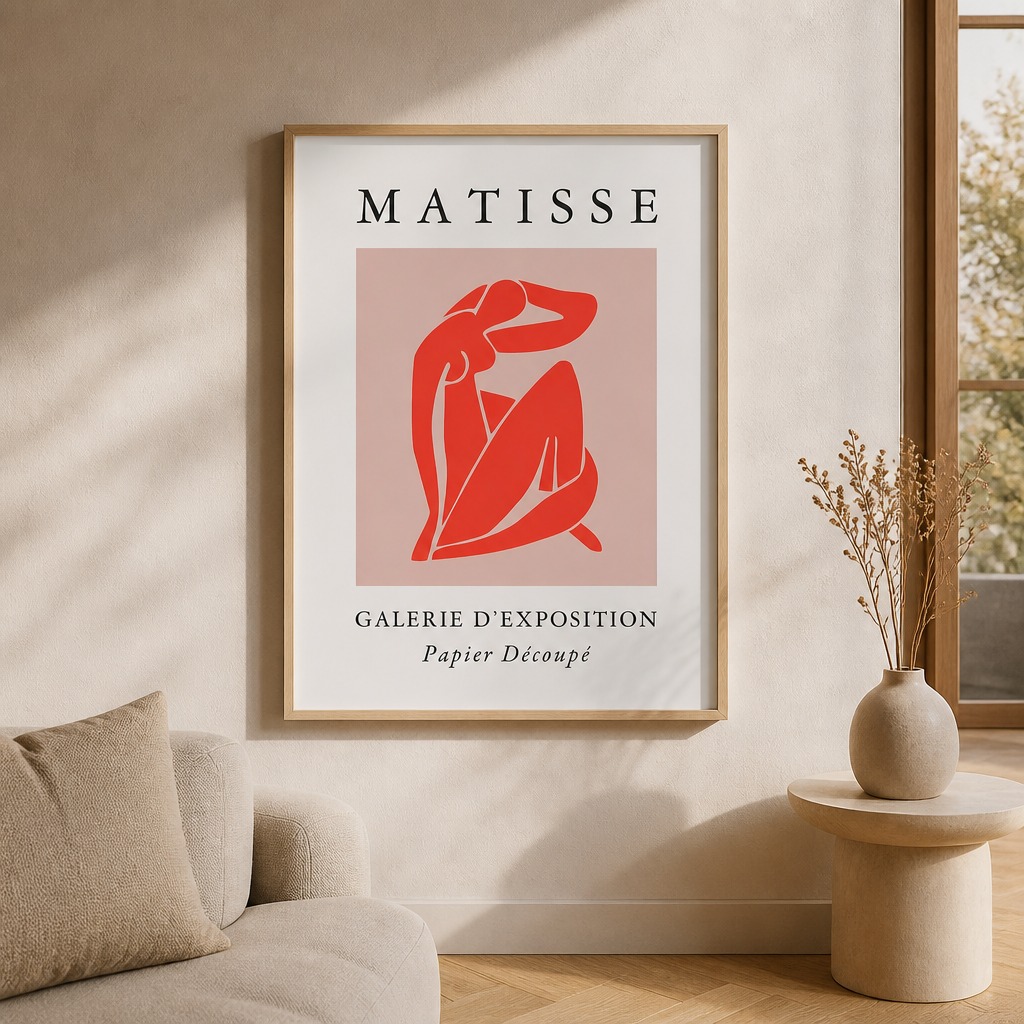 Matisse poster in a minimalist room with wood frame