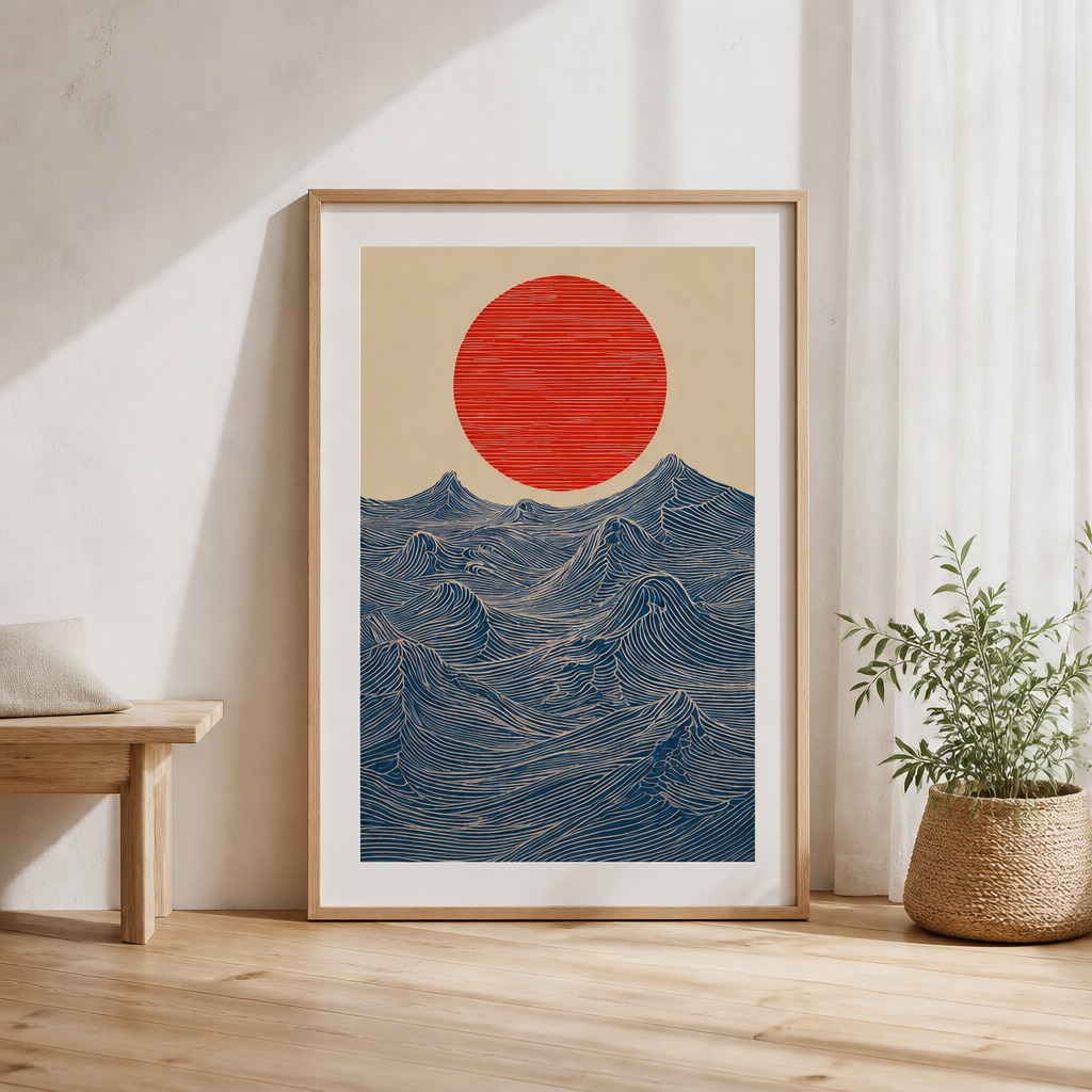 Japanese waves poster in a Scandinavian room