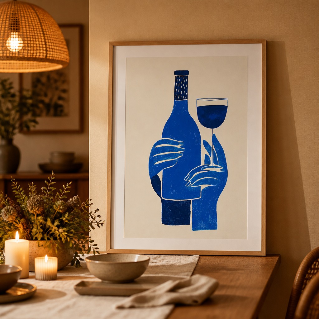 Blue wine bottle poster in an elegant dining room