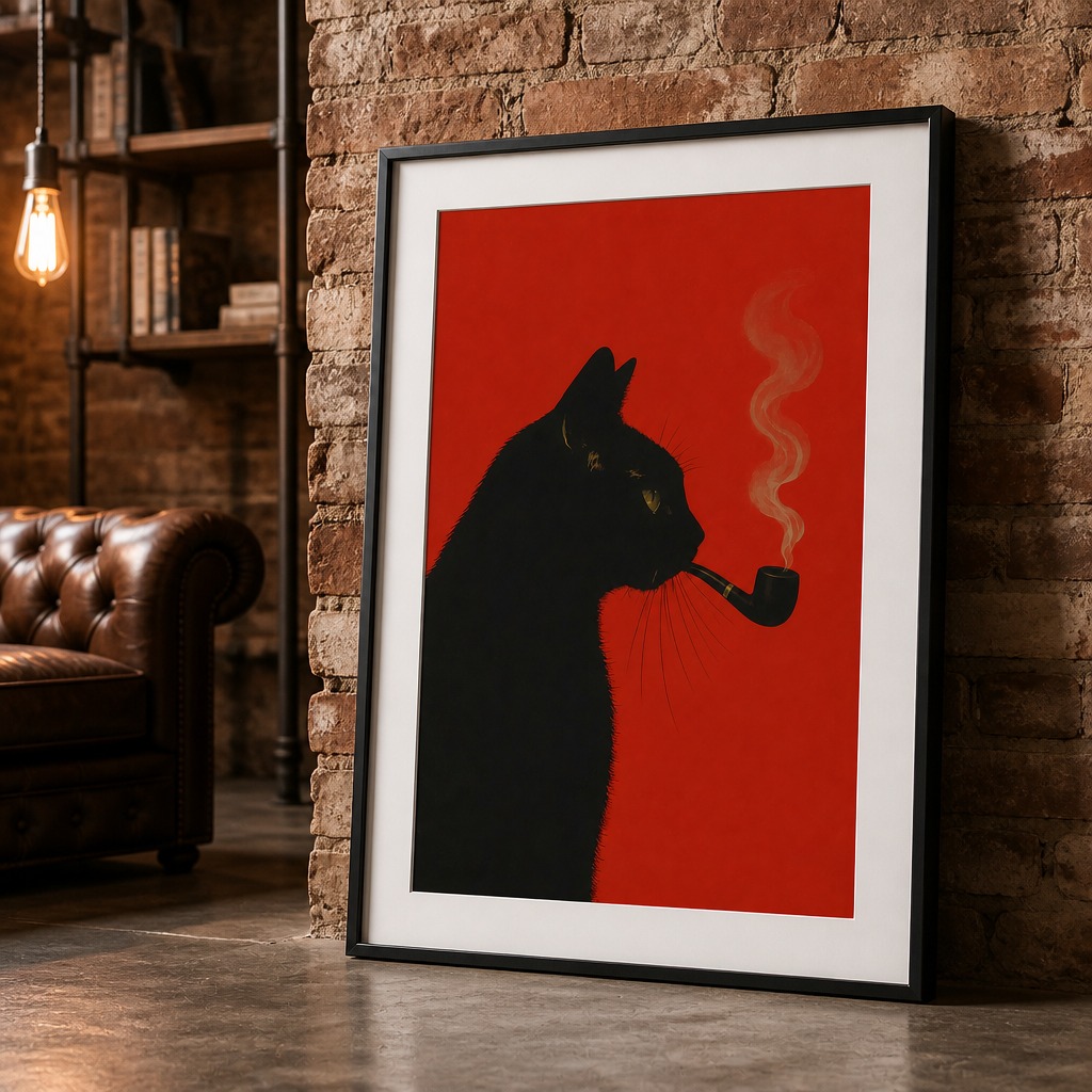 Black cat poster in an industrial loft with black frame