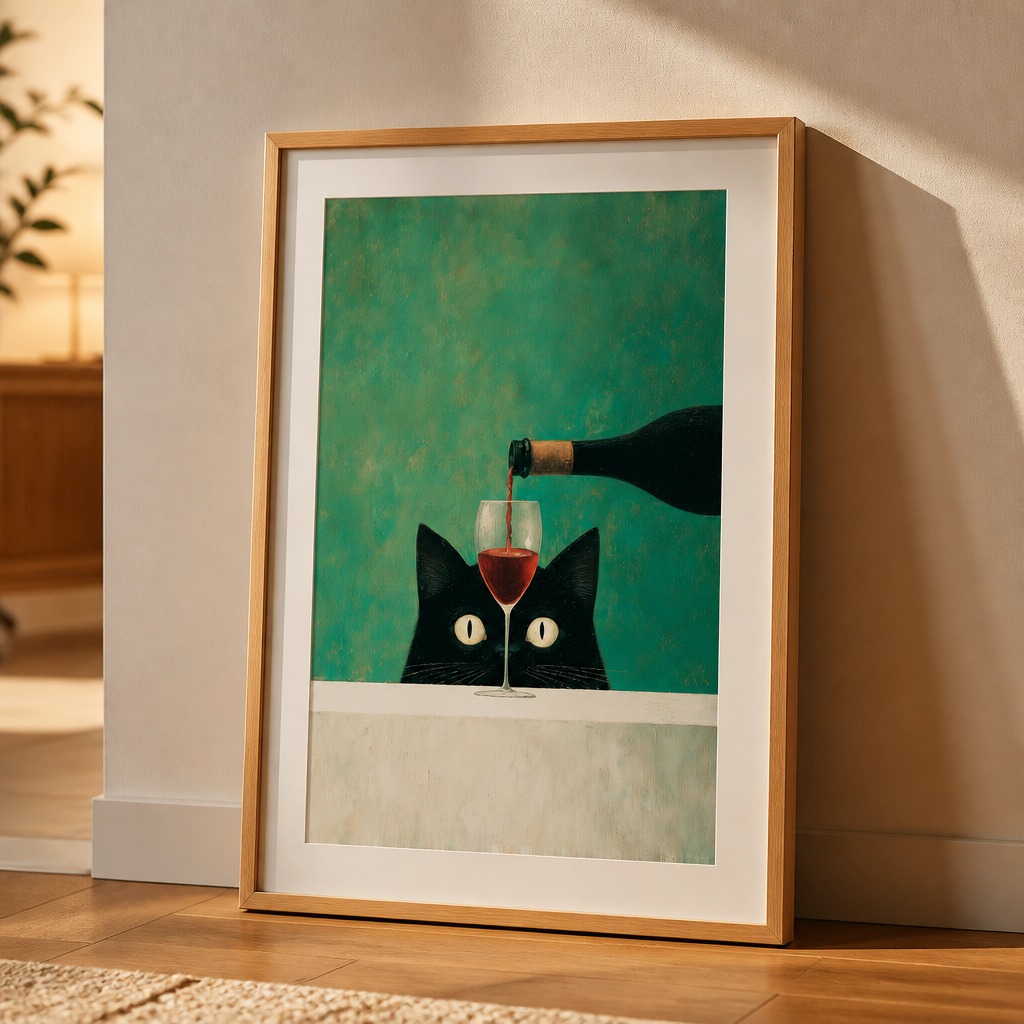 Cat wine poster leaning against wall