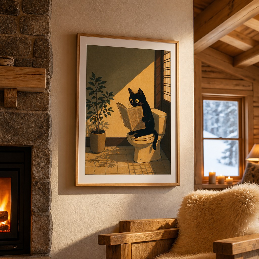 Cat reading poster in a nordic cabin