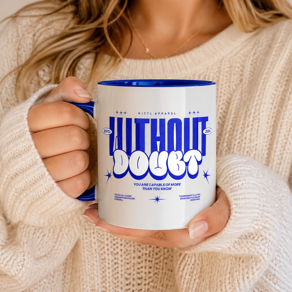 Accent mug mockup held in a knit sweater