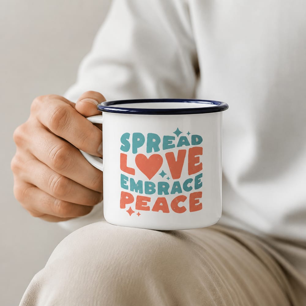 Enamel camp mug resting on a knee