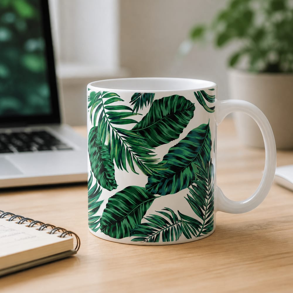 Full-wrap mug mockup on a desk