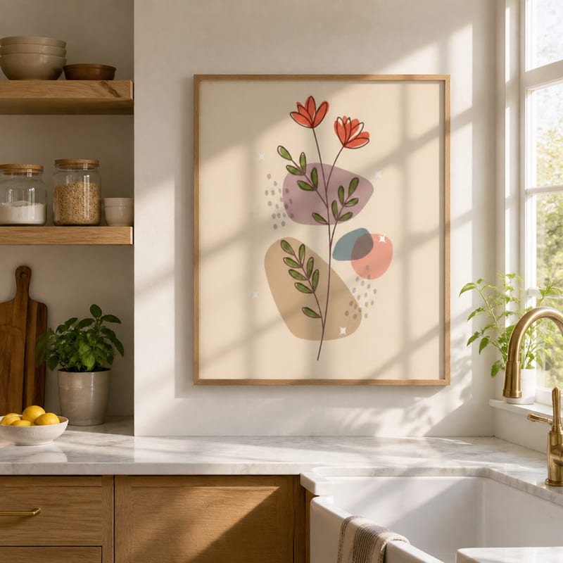 Photo 01: floral print framed on a sunny kitchen wall