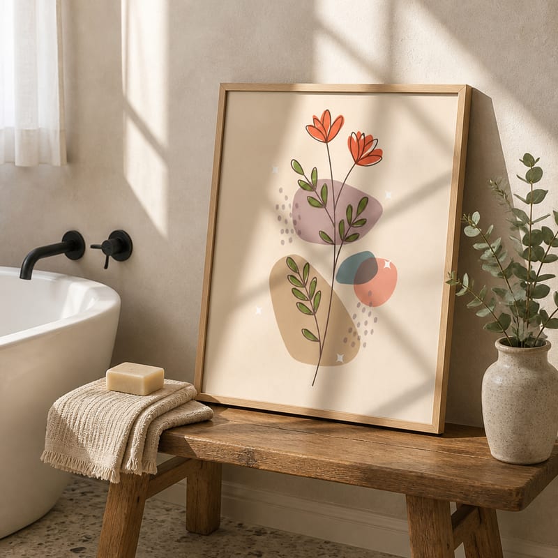 Photo 04: the print leaning on a wooden bench in a bathroom