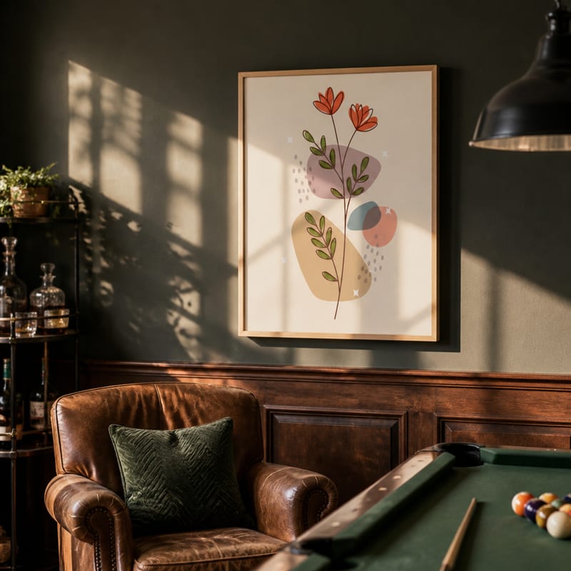 Photo 05: the print on a dark green game-room wall