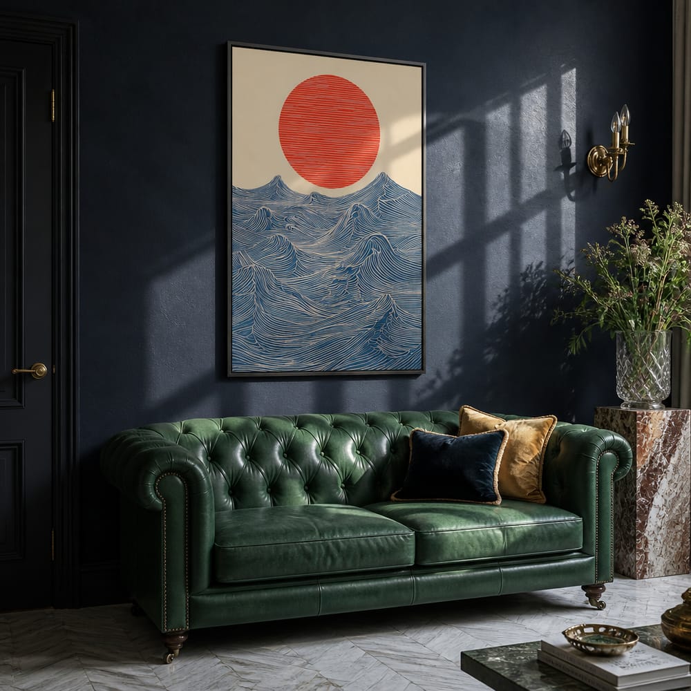 Red sun and waves poster mockup in a luxury living room