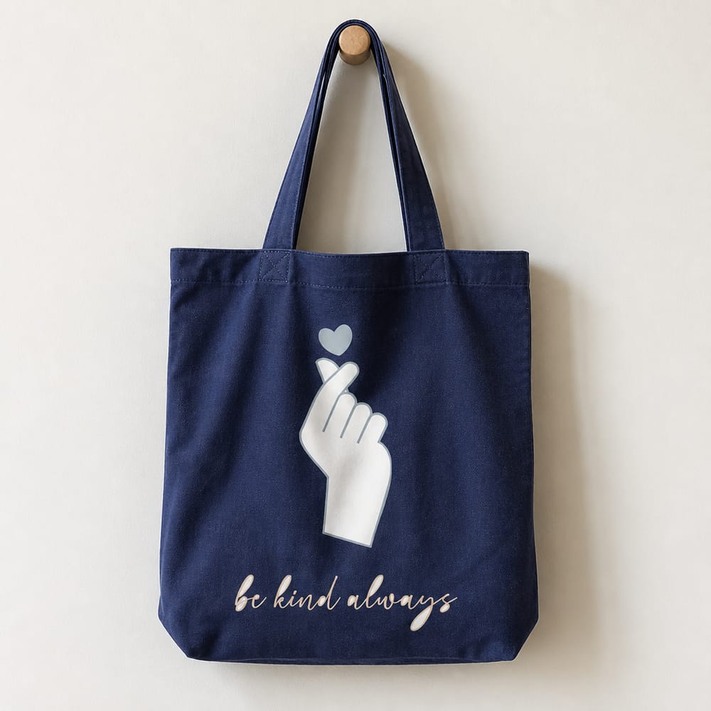 Navy tote bag mockup on a wall peg