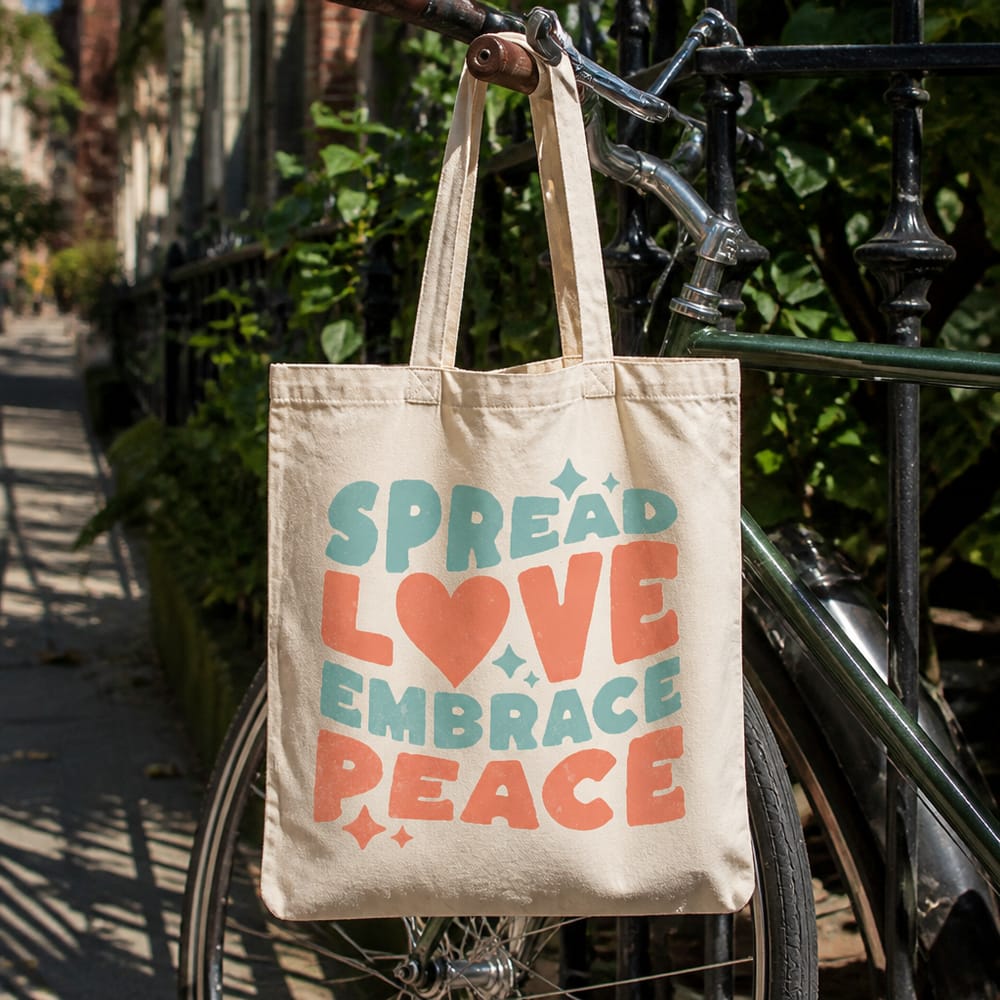 Tote bag mockup hanging from a bicycle