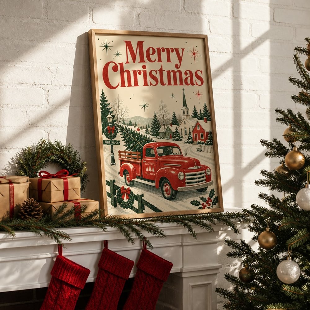 Christmas poster mockup on a white brick mantel above red stockings