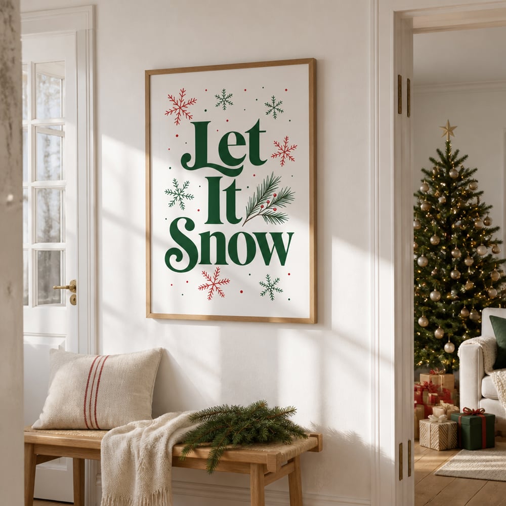Christmas poster mockup in a hallway with a Christmas tree in the next room