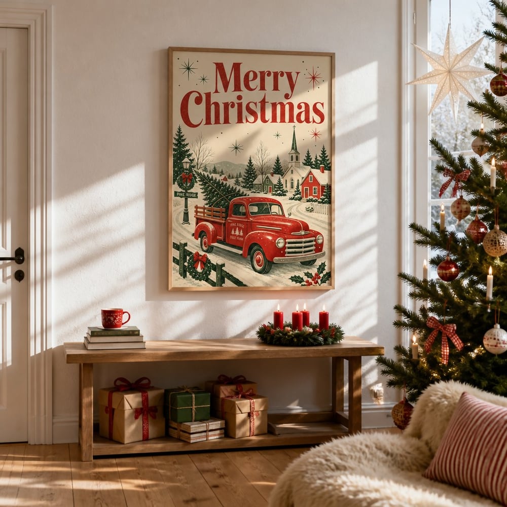 Christmas poster mockup in a Scandinavian room with advent candles