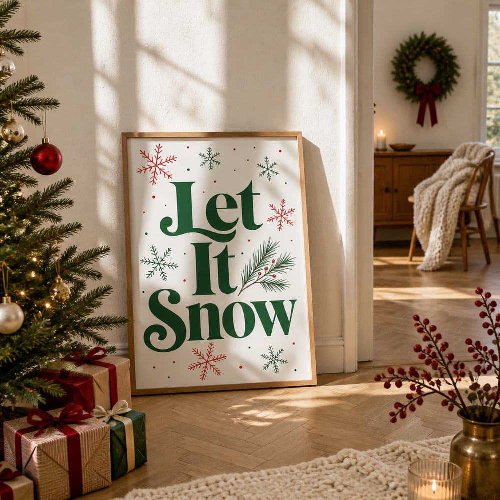 Christmas poster mockup leaning beside a decorated tree with wrapped gifts