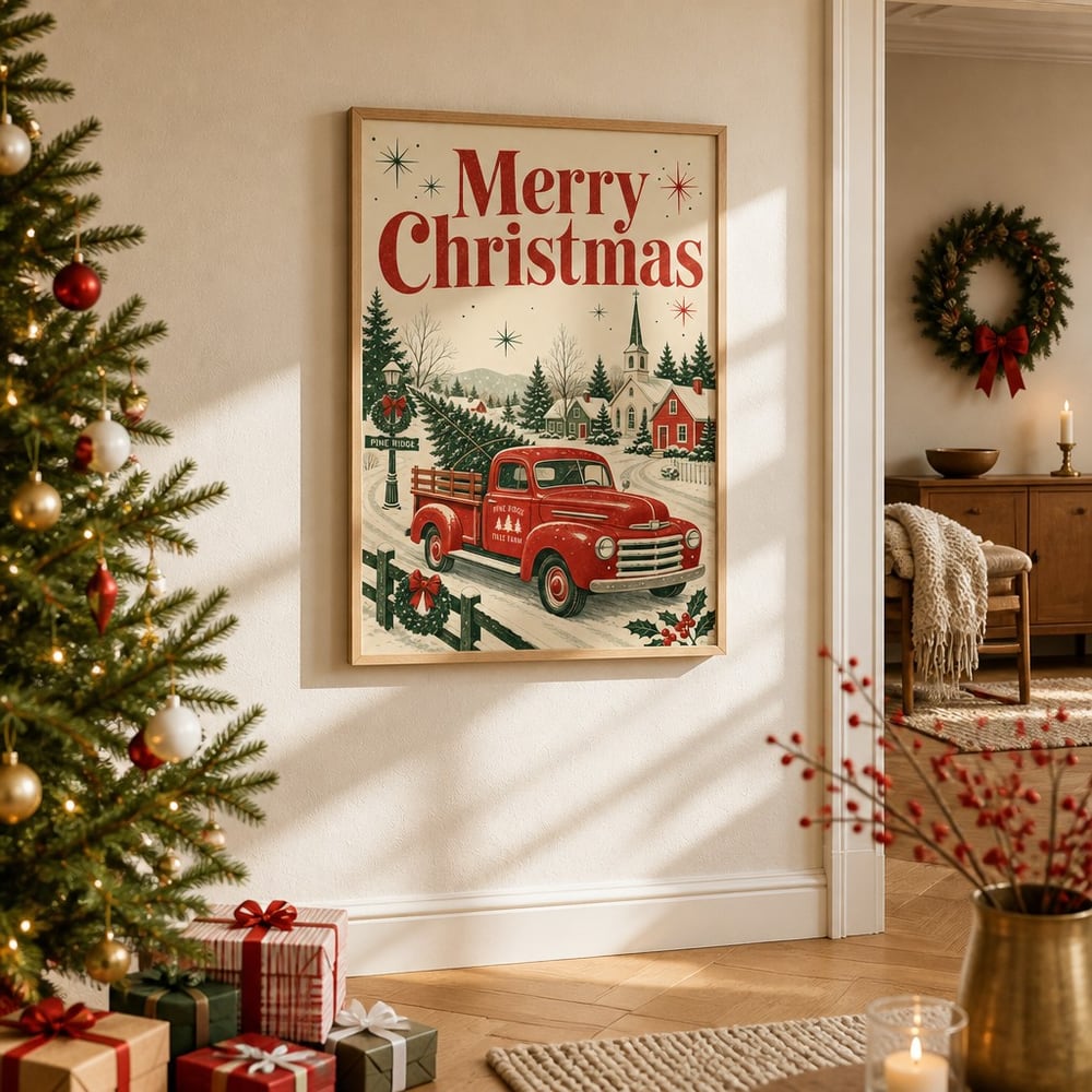 Christmas poster mockup hung beside a decorated tree