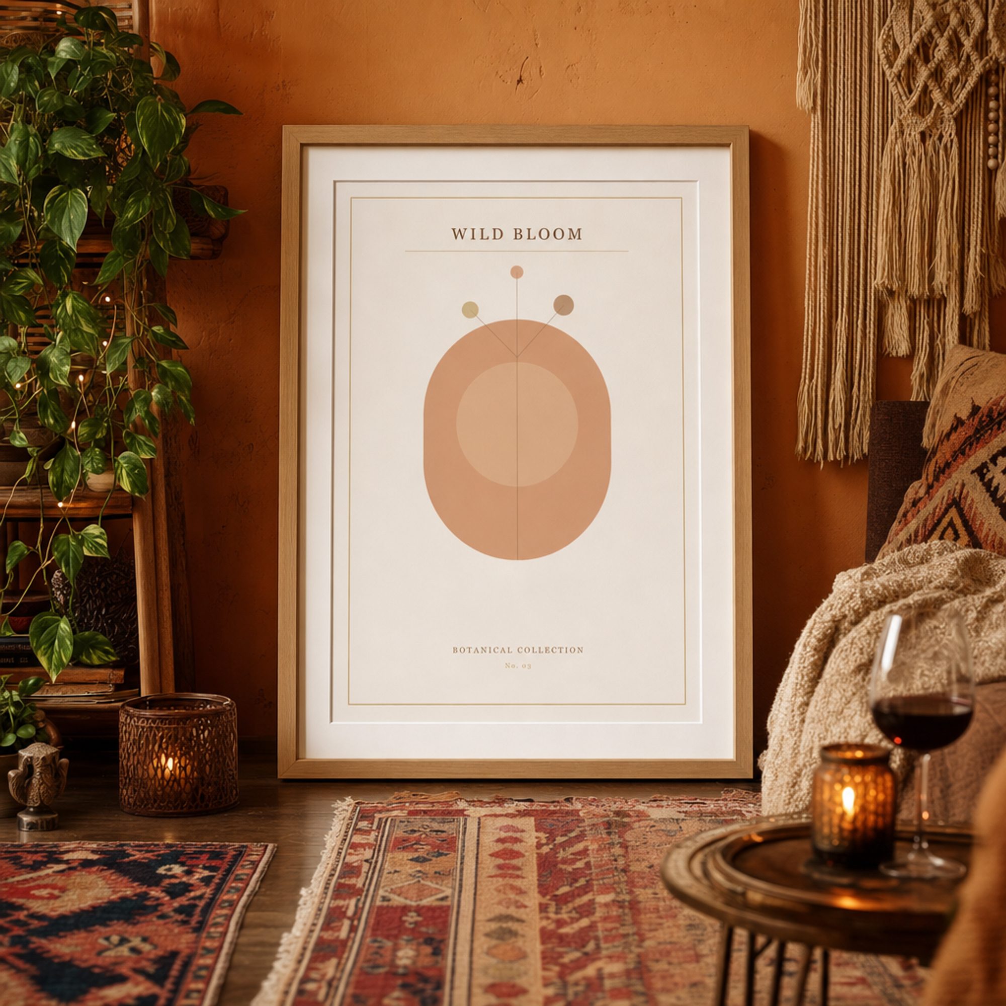 Wild Bloom botanical poster in a bohemian room with a glass of red wine, fairy lights on the shelf and a cozy throw blanket