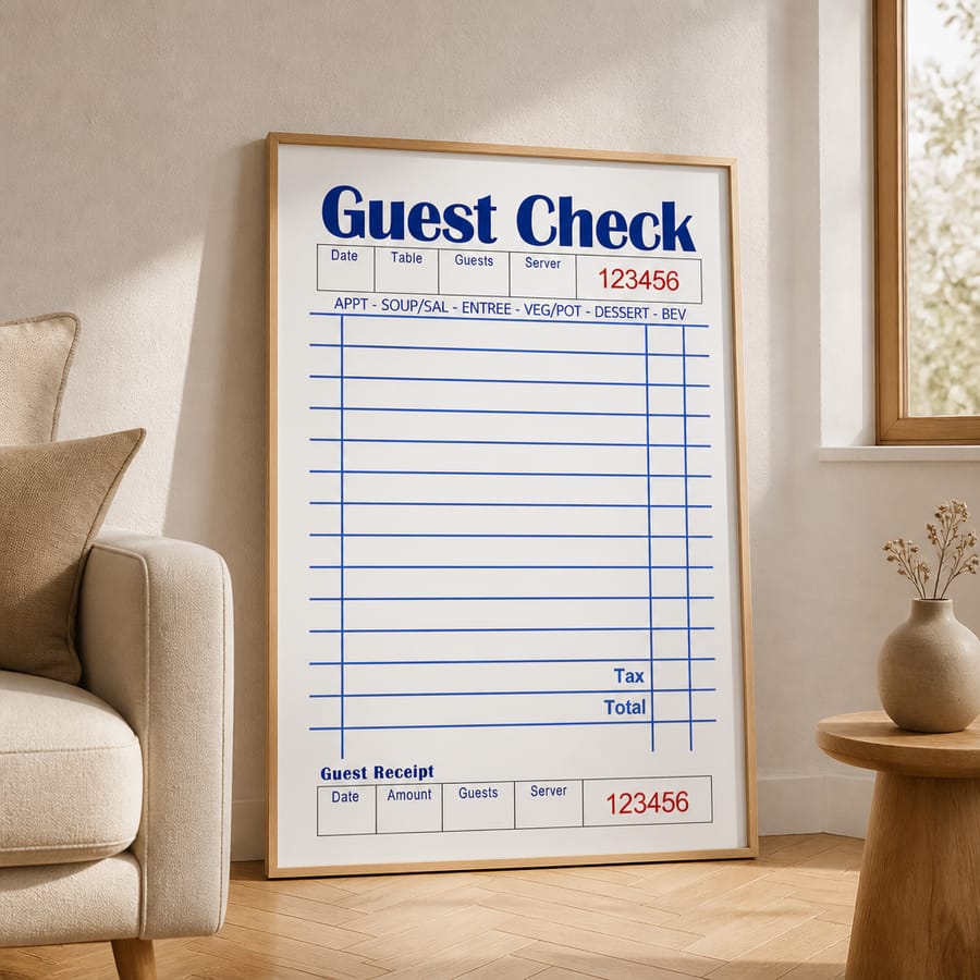 Old AI poster mockup: Guest Check print leaning on the floor even though a hanging frame was requested