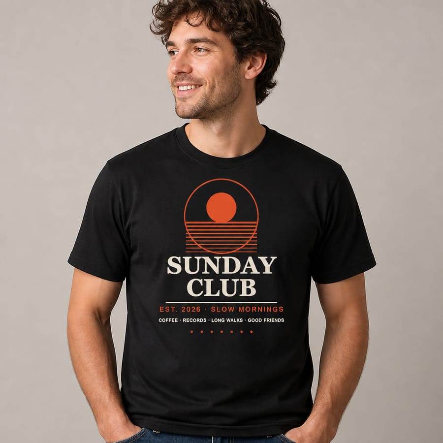 Old AI t-shirt mockup: regular-fit black tee on a smiling stock-style model