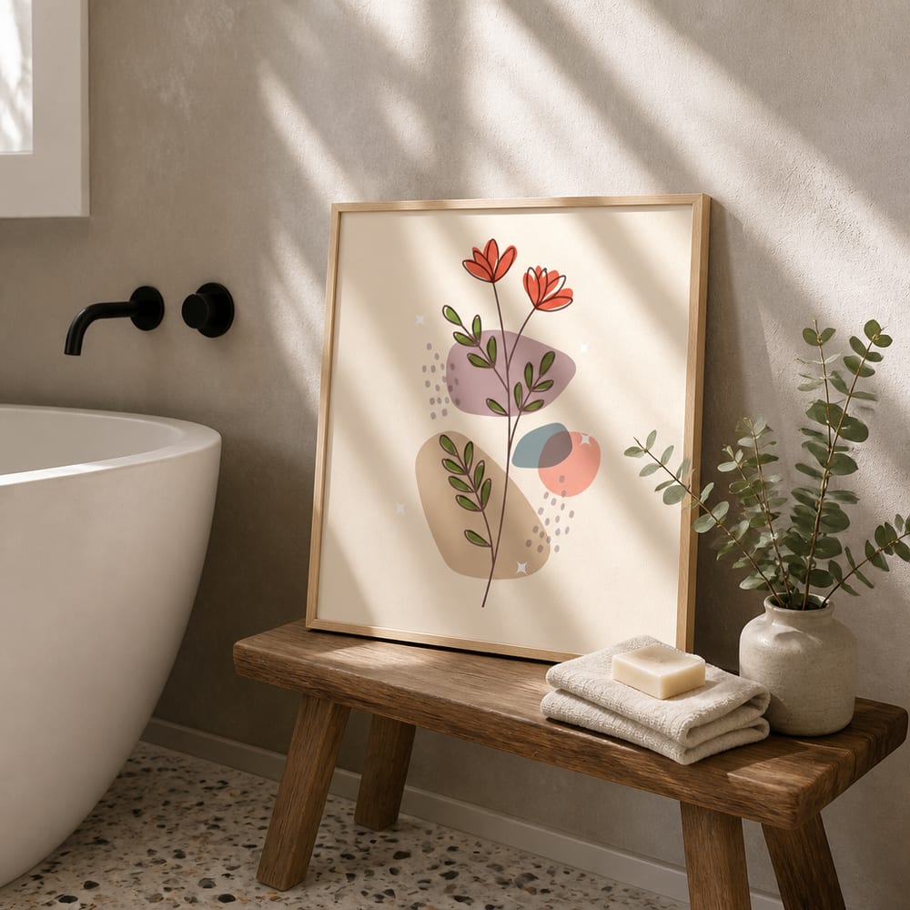 Framed poster leaning on a wooden stool beside a bathtub with a towel and soap