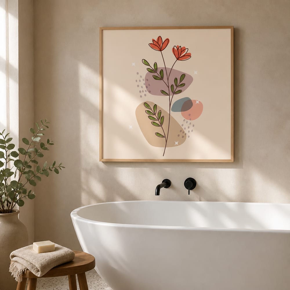 Poster mockup hung above a white freestanding bathtub in a spa-like bathroom