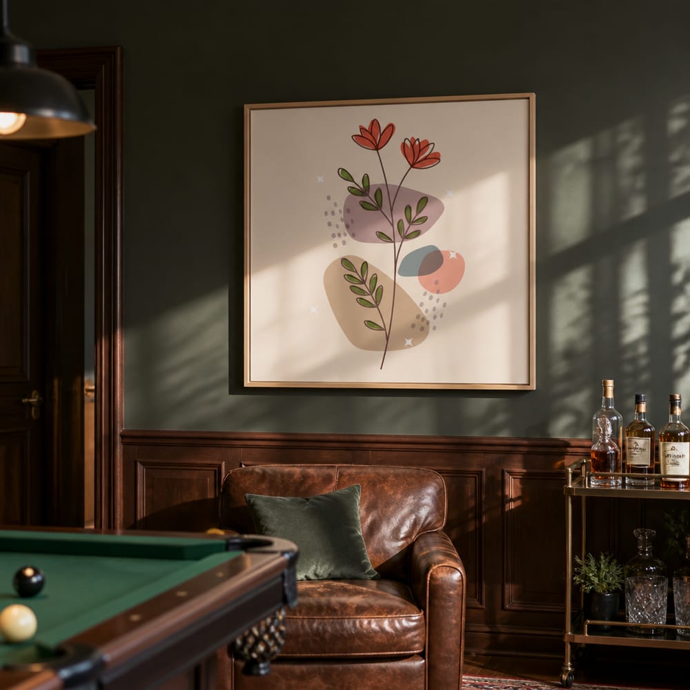 Poster mockup hung on a dark green wall above a leather chair in a game room with a pool table