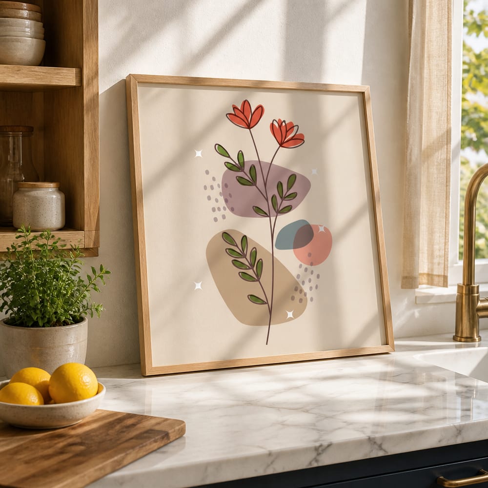 Framed poster leaning on a marble kitchen countertop next to a bowl of lemons
