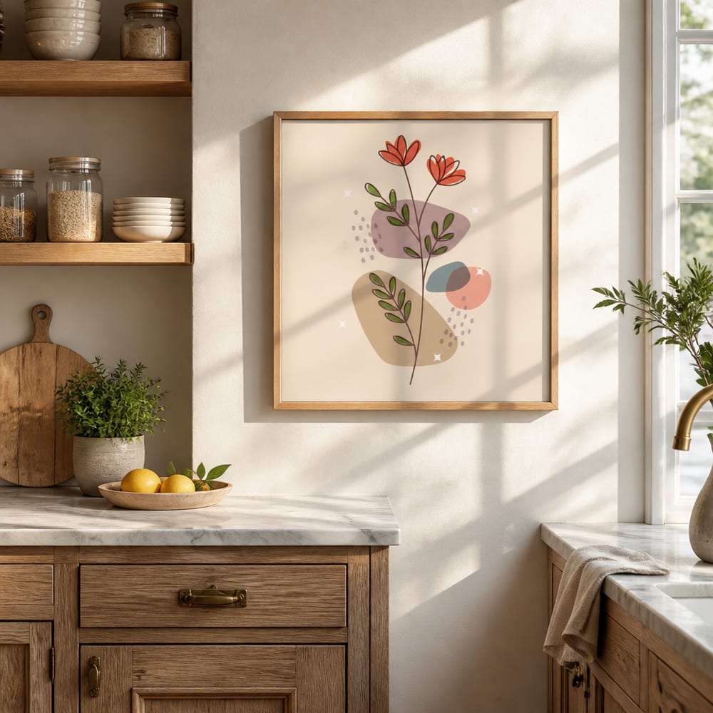 Poster mockup hung on a kitchen wall beside oak shelving, above a marble countertop