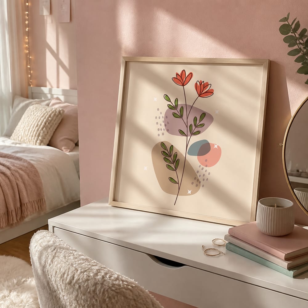Framed poster leaning on a white vanity desk beside a round mirror in a teen bedroom
