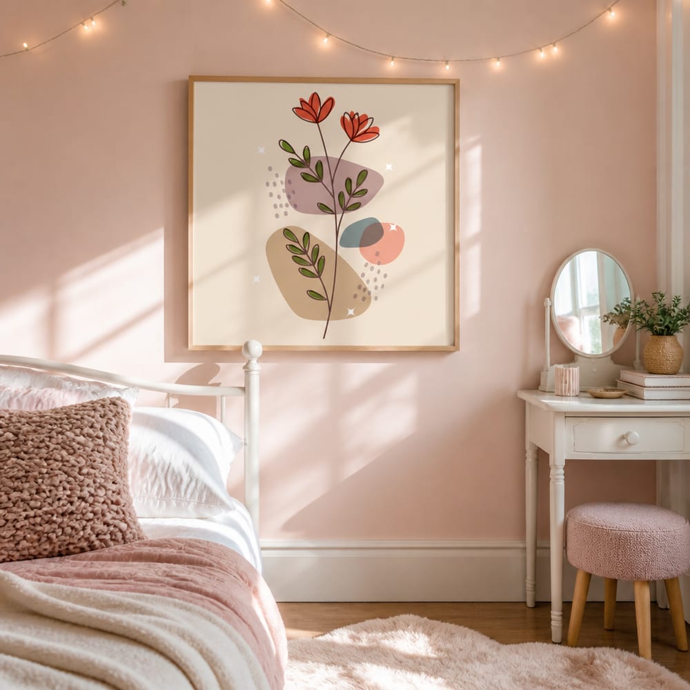 Poster mockup hung above a bed under fairy lights in a pink teen girl's bedroom
